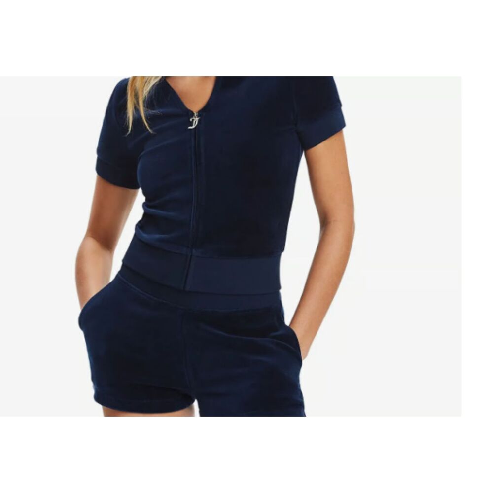 NWOT Juicy Couture Navy Velour Short Sleeve Zip Up Track Jacket Blingy Large J
